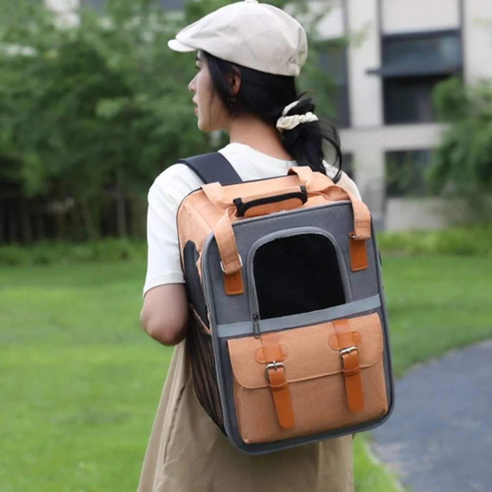 Pet Carrier Backpack Small Dog Cat Travel Bag Grey Tan Canvas Pockets Reflective